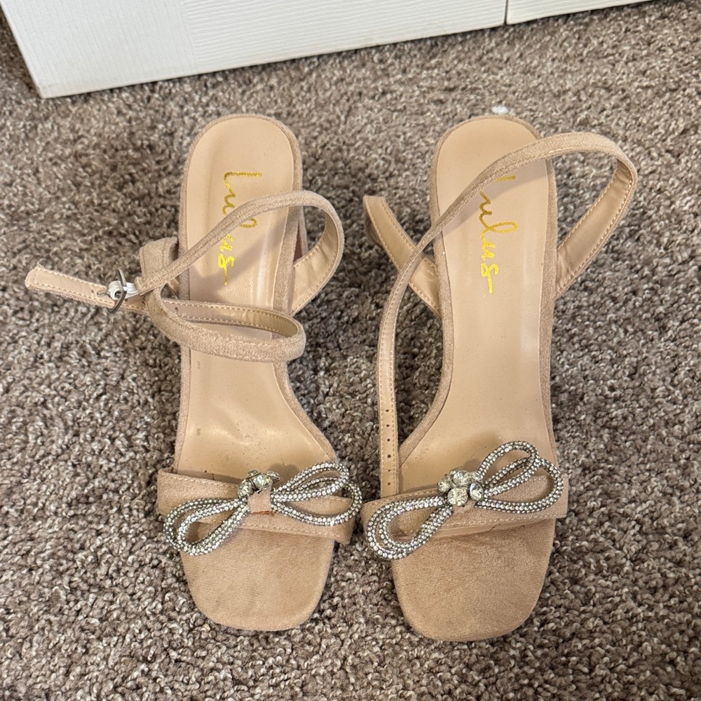 Lulu's Beige Suede Heels with Bow Detail
